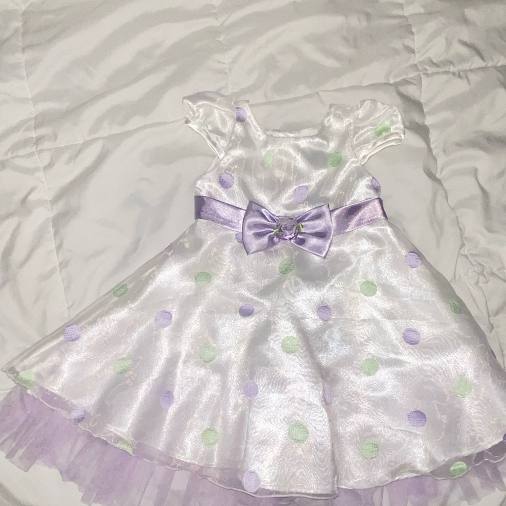 Youngland White Satin Dress with Lavender Bow and Pastel Polka Dots